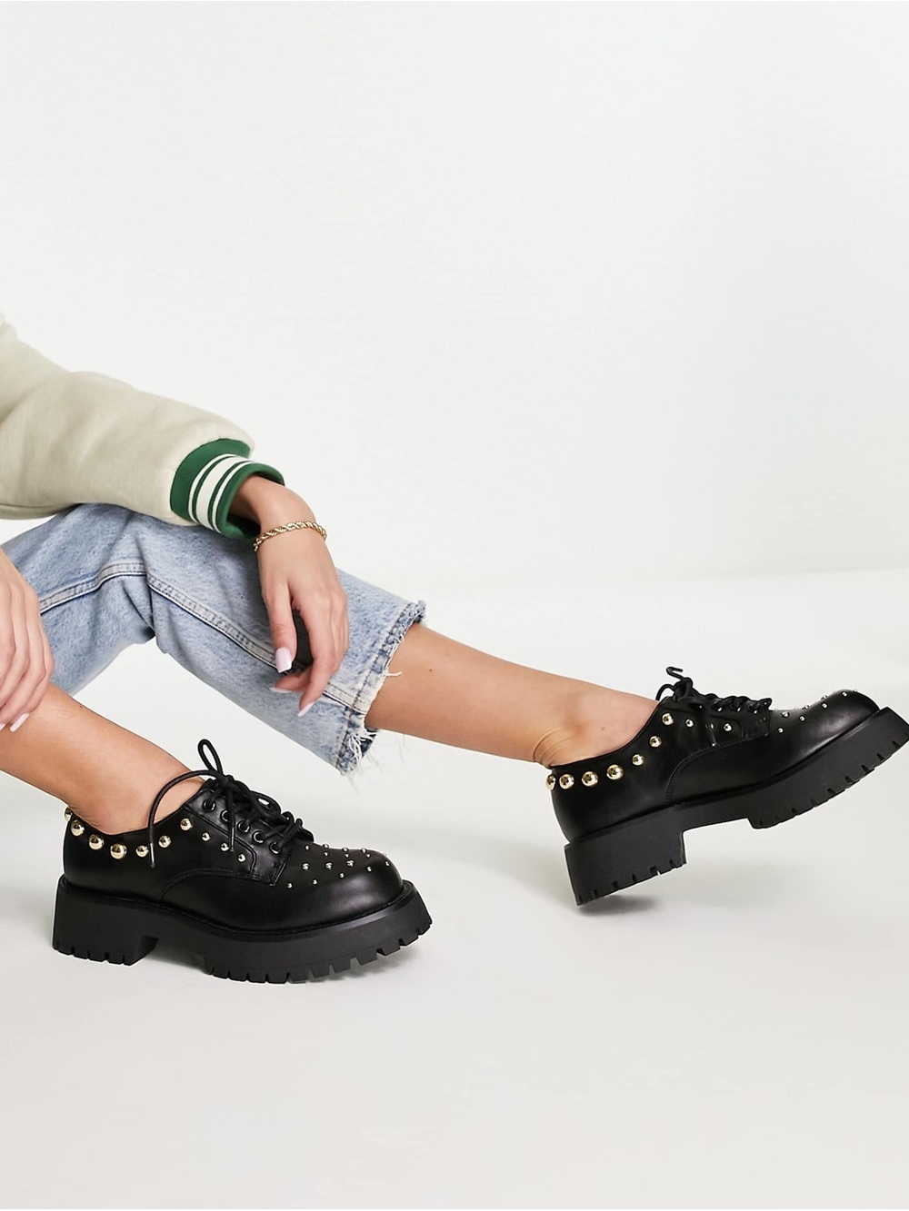 NWOT ASOS Black Chunky Lug Sole Lace-Up Shoes with Gold Studs 7